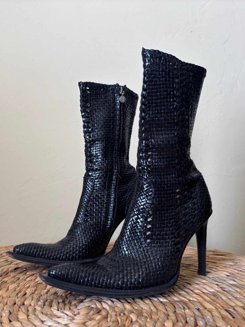 GIANNI BRAVO Black Leather Woven MID CALF Western Style Stiletto Boots 37 / 7